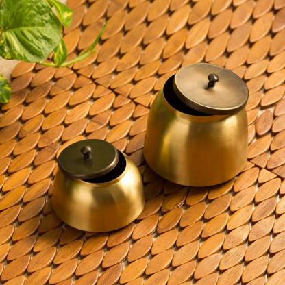ExclusiveLane "Golden Coupled" Handcrafted Pure Brass Multi Utility Storage Jars (Set Of 2) 2 Piece Spice Set