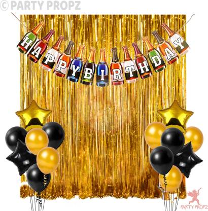 Party Propz 17pcs Birthday Decoration Combo For Happy Banner Golden Foil Curtain Supplies Husband Wife Girlfriend Kit 30th 40th 50th In India - How To Birthday Decoration At Home