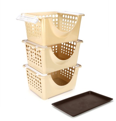 Large 4 Tier Stacking Baskets Storage Veg Rack Plastic Stackers Taupe Length 38 cm x Depth 31 cm x Height 17.5 cm 