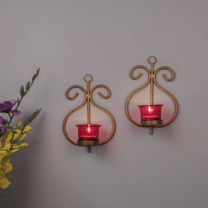 Homesake Set Of 2 Decorative Golden Wall Sconce Candle Holder With Red Glass And Free T Light Candles Iron Cup Tealight In India - Red Wall Sconces Candles