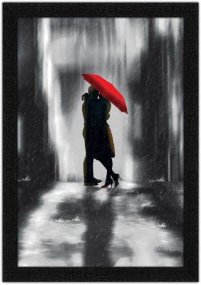 ADS Art Poster Romantic Couple In Rain Art Painting with Synthetic Frame Digital Reprint 20 inch x 14 inch Painting