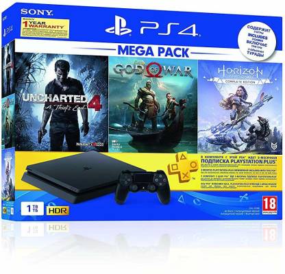 verb Revolutionary Wet SONY PS4 Slim 1TB Mega Pack 1000 GB with PS4 Uncharted 4, PS4 God of War,  PS4 Horizon Zero Dawn Price in India - Buy SONY PS4 Slim 1TB Mega Pack 1000