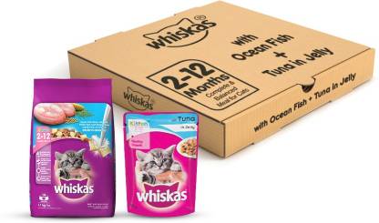 Whiskas Whiskas Kitten Combo - Dry Cat Food, Ocean Fish Flavour, 1.1 kg (Pack of 2)+ Wet Cat Food, Tuna in Jelly, 85 g (6 Pouches) Fish 2.71 kg Dry New Born Cat Food