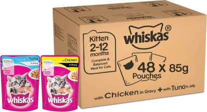 Whiskas Whiskas Kitten (2-12 months) Mix Selection in Gravy, Wet Cat Food - Tuna in Jelly, 85g + Chicken in Gravy, 85g (pack of 48) Tuna, Chicken 4.08 kg Wet Young Cat Food