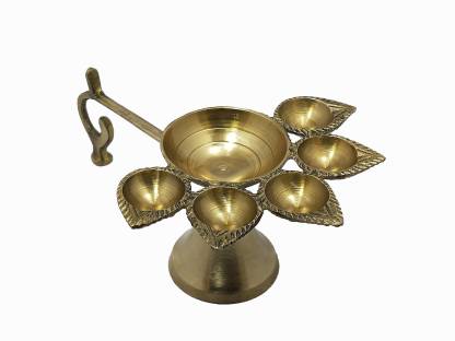 Uv Creation Panch Jyot with Handle – Brass Five Face Diya Brass Hanging Diya