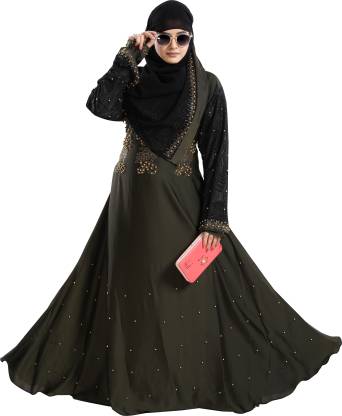 TUCUTE Abaya with Foral Embroidery Work Mehendi-DN-414 Chiffon Solid Burqa With Hijab