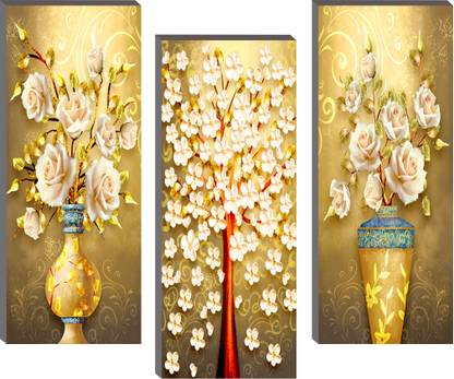 Masstone Golden Flower Pot Modern Art 3 Piece Mdf Panel Painting Digital Reprint 15 Inch X 18 Inch Painting Price In India Buy Masstone Golden Flower Pot Modern Art 3 Piece