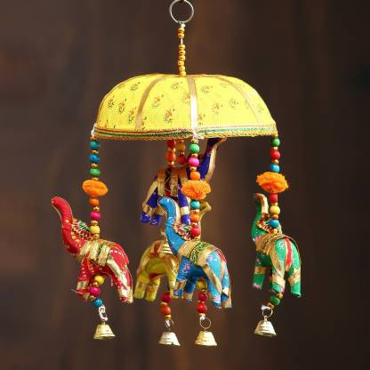 eCraftIndia Handcrafted Decorative Elephant Wall/Door/Window Hanging Bells Decorative Showpiece  –  28 cm  (Brass, Paper Mache, Multicolor)