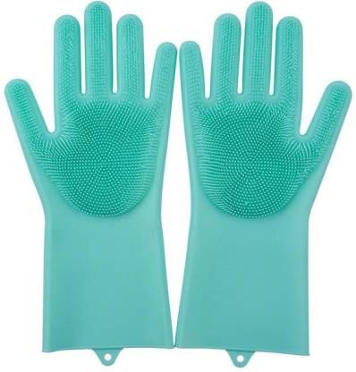 Maitri Dish Washing Silicon Hand Gloves with Scrubber for Kitchen Cleaning, Utensils, Bath and pet Hair Care - Reusable Heat Resistance and Water Proof Gloves Wet and Dry Glove Set