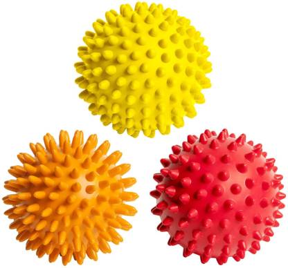 Cure18 piky Massage Balls Foot Back Shoulder - 3 Spikey Ball Rollers, Plantar Fasciitis Pain Treatment Pack, Spiked Feet Arch Fascia Message Set, Fitness Point Accu-Pressure, Small Soft, Hard Spikes