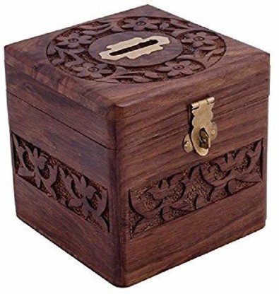 Money Bank with Carving Work and Lock Decor Kids Gift Wooden Coins Storage Box 