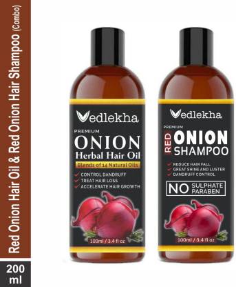 Vedlekha Premium ONION Hair oil and Shampoo Combo pack of 2 bottles of 100  ml Price in India - Buy Vedlekha Premium ONION Hair oil and Shampoo Combo  pack of 2 bottles