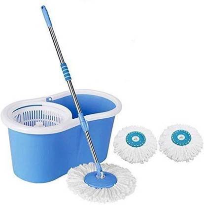 Diem RUNWET 360° Spin Floor Cleaning Easy Advance Tech Bucket PVC Mop & Rotating Steel Pole Head with Wheels 2 Microfiber Refill Mop Set