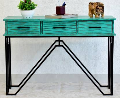 Samdecors Solid Wood 3 Drawer, Distressed Turquoise Console Table