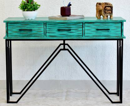 Samdecors Solid Wood 3 Drawer Console Hall Table Rustic Distressed Green With Black Finish Iron Frame In India Samdecors Solid Wood 3 Drawer, Distressed Turquoise Console Table