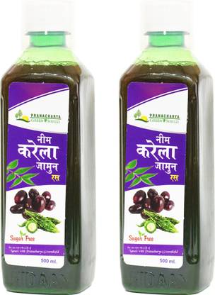 Pranacharya Neem Karela Jamun Juice Sugar Free for Purifying Blood, Sugar Level & Skin Glow ( 2 x 500 ml )