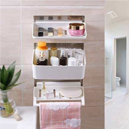 Hari Plastic 3 Layer Bathroom Cosmetic, Wall Mounted Shelves Without Drilling