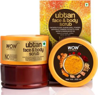 WOW Skin Science Ubtan Face & Body Scrub with Chickpea Flour, Almond Shell Powder, Safron & Turmeric Extracts, Rose Water & Sandalwood Oil Scrub
