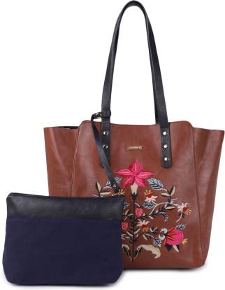 chumbak Floral Embroidered Brown Tote Bag with Zip Pouch Shoulder Bag