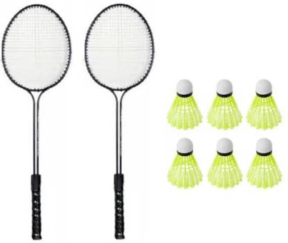 Monika Sports 2 Double Shaft Racquet with 6 pc Nylon Shuttle Badminton Kit
