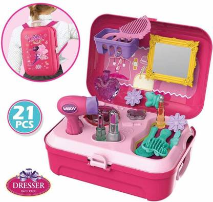 Quinergys Toys 21 Pcs Little Girls Play Makeup Set Vanity Case Dress Up Travel Playset Makeup Set Vanity Case Dress Up Toys, Makeup Vanity Toy Set 21 Pcs