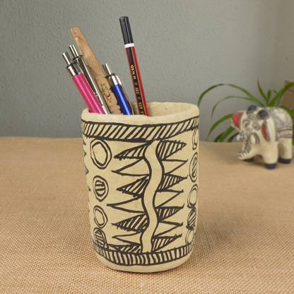 Brown - Mandana Art Handpainted Paper Mache Pen Stand (3 x 3 in)