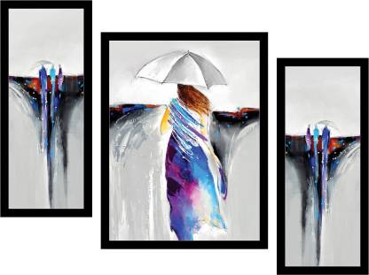 Dolphin Art The Lady with umbreall Modern Art 3 piece Painting with Synthetic Frame Digital Reprint 13 inch x 21 inch Painting