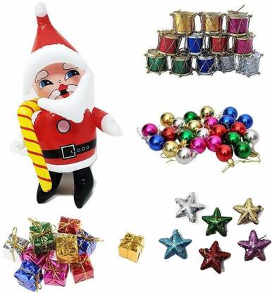 EXCEL IMPEX Insej Combo of Air Doll of Santa Claus, Small Stars Set of 6, Small Drums Set of 12, Gift Box Set of 12 and Multicolor Balls Set of 12 Hanging Ornaments Pack of 52