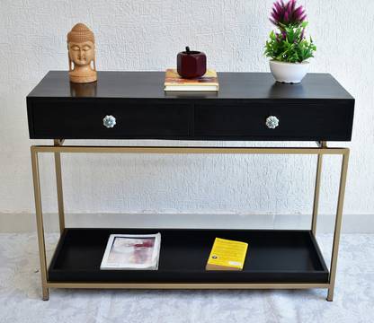 Samdecors Solid Wood 2 Drawer With Tray At Bottom Alex Console Hall Table Black Golden Finish Iron Frame Metal In India Samdecors Solid Wood 2 Drawer With Tray, Black Console Table With Drawers And Bottom Shelf