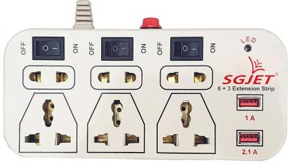 SGJET Dual USB 2.1 Amp. 6 Socket 3 Switches Extension Cord 3.6 m long Wire 6 A Three Pin Socket