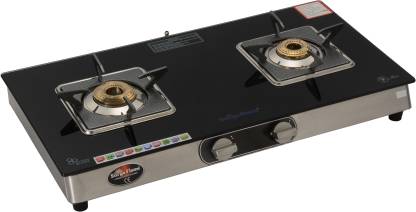 Suryaflame Bello Series 2B SS Glass Cook Top Gas Stove - Square PSR (Mannual Burner) Stainless Steel Manual Gas Stove