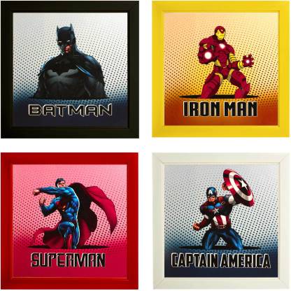 Indianara Set of 4 Batman Superman Iron Man Captain America Paintings  (2504) Without Glass  x