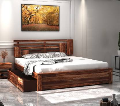 Best Teak Finish Sheesham Wood Solid Wood King Drawer Bed