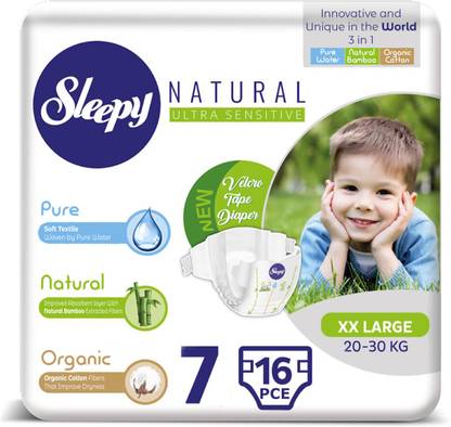 sleepy ultra sensitive velcro tape diaper pure natural organic size 7 20 30 kg pack of 16 xxl buy 16 sleepy tape diapers flipkart com