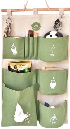 Bathroom Green Linen Farbric Wall Closet Storage Bag Case with 3 Pockets for Bedroom Over Door Hanging Organizer Kitchen 