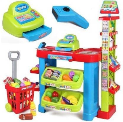 Pretend Play Shopping Grocery Store/Shopping Cart & Scanner Kids Shopping Grocery Play Store Multicolour Accessories for Boy & Girls Includ Credit Card Machine/Unique Scan Able Food 