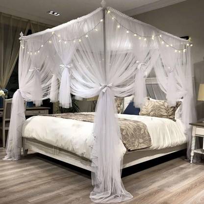 Divayanshi Nylon S White 4 Corners Post Canopy Bed Curtain Royal Luxurious Cozy D Netting 3 Canopy Bed Curtain Royal, Canopy Bed Curtain