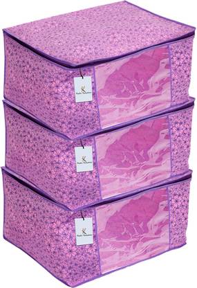 KUBER INDUSTRIES Flower Design Metalic Flower Design 3 Piece Non Woven Saree Cover, Large(Pink & Purple) - CTKTC34548 CTKTC034548