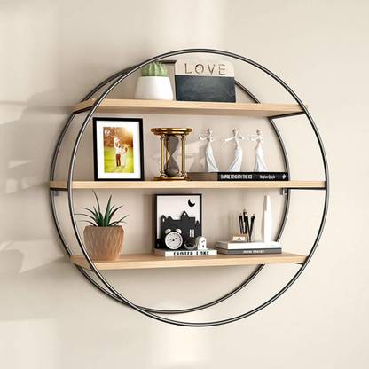 Artesia Wall Shelf Style Living Room Hanging Iron Solid Wood Shelves Partition Round Floating Display Stand Bookcase Flower Wooden In India Stand Iron Wooden Wall Shelf, Round Hanging Shelf