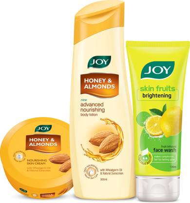Joy Honey & Almonds Advanced Nourishing Body Lotion 300ml + Honey & Almonds Nourishing Skin Cream 200ml+ Skin Fruits Active Brighteing Lemon Face Wash 100ml  (3 Items in the set)