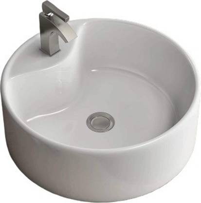 Inart Table Top Premium Designer Round Ceramic Wash Basin Vessel Sink For Bathroom 18 Inch White Counter In India Bathroom 18 Inch Round White Counter, Round White Vessel Sink
