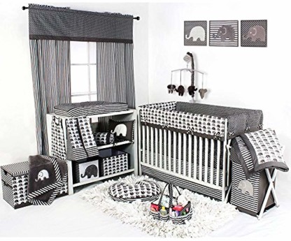 Grey Bacati Elephants Unisex 4 Piece Bedding Set 100 Percent Cotton for US Standard Cribs/Toddler Beds 