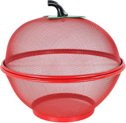 Smono Mesh Iron Fruit Basket with Lid Apple Shape Basket for Vegetable or Fruit pink 