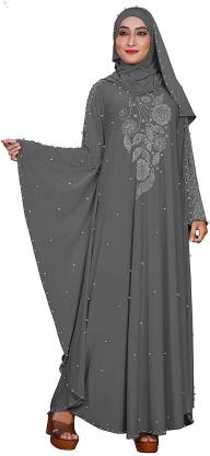 Dubai Collection Women's Kaftan Style Umbrella Lycra Abaya Burqa with Hijab (Grey; 46) Lycra Blend Abaya With Hijab