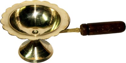Brass Table DiyaOil/Ghee LampPuja Diya with Long Wooden Handle for Grip 
