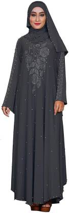 ARAB Women's Lycra Kaftan Style Umbrella Abaya Burqa with Hijab (grey) Lycra Blend Self Design Abaya