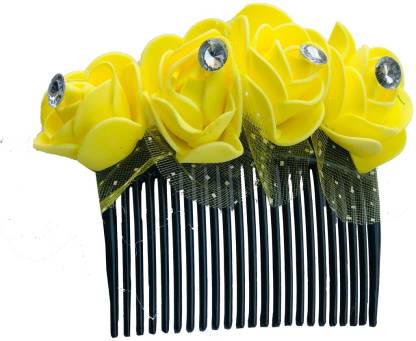 AROOMAN Artificial flower Fancy Juda Comb clip/Bun Comb Hair Flower Comb for Wedding and Parties Use for Women (Yellow Color Pack :-1) Hair Accessory Set