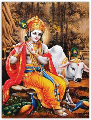 Lord Krishna with cow and peacock Sparkle Coated Self Adesive Poster Without Frame Paper Print - Religious posters in India - Buy art, film, design, movie, music, nature and educational paintings/wallpapers at Lord Krishna with cow and peacock Sparkle Coated Self Adesive Poster Without Frame Paper Print - Religious posters in India - Buy art, film, design, movie, music, nature and educational paintings/wallpapers at