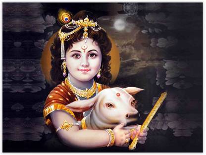 Bal gopal with cow Sparkle Coated Self Adesive Poster Without Frame