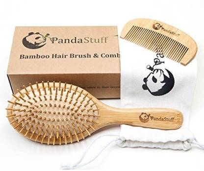 Panda Stuff Natural Wooden Paddle Hair Brush - Organic Bamboo Bristles Pins  Hairbrush And Comb Travel Set